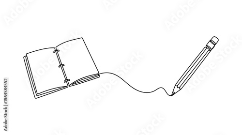 Minimalist continuous line drawing of an open notebook and a pencil creating a flowing line symbolizing creativity writing and education