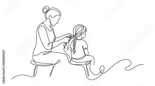 Mother braiding daughters hair one line drawing continuous line art simple illustration loving family moment bonding activity domestic scene in black and white