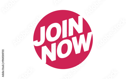 A vibrant red circular graphic with the words join now in white