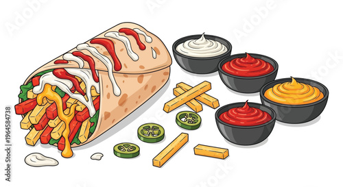 A colorful illustration of a large burrito with various toppings and condiments