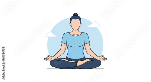 Woman Meditating in Lotus Pose (Padmasana). Peaceful vector illustration of female practicing yoga, relaxation, and mindfulness for mental health and well-being.