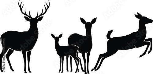 Deer silhouettes, deer family, buck, doe, fawn, black icons, wildlife graphics