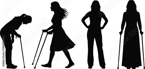 Black silhouette illustration of four standing figures with canes and crutches, showing diverse postures, mobility support, recovery stages, and physical balance artwork for design reference