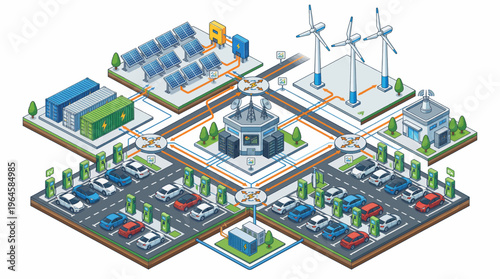 Sustainable urban planning concept with renewable energy sources and eco-friendly transportation.