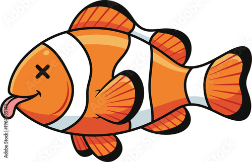 Konstfotografi Cartoon illustration of clownfish with orange body, white stripes, black outline