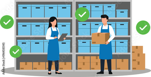 Warehouse inventory management vector illustration with male and female workers checking stock levels and packages on industrial shelving