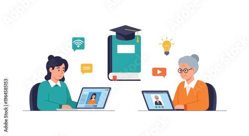 E-learning Concept: Senior Woman and Young Student Taking Online Course via Video Call. Distance Education and Digital Literacy Illustration.