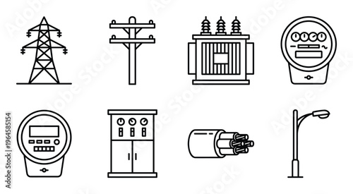 Set of 8 electrical energy icons including high voltage transmission line and power pole