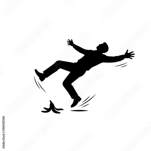 Man Slipping on Banana Peel Silhouette Icon – Funny Accident Cartoon Vector Illustration