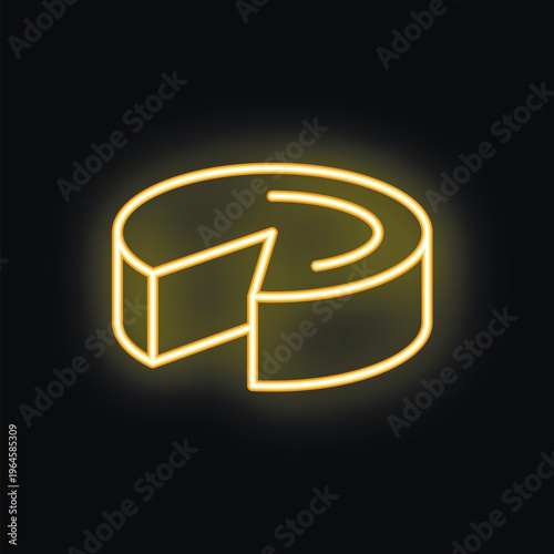 Neon glowing symbol of round cheese wheel with a slice cut off is glowing on a dark wall background