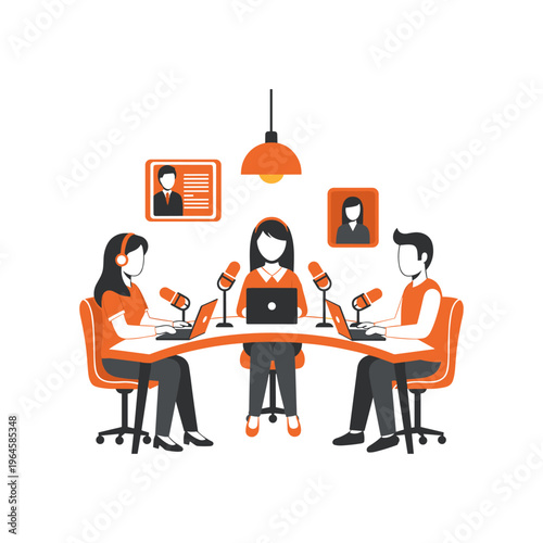 Podcast recording session with three people talking into microphones at modern desk.