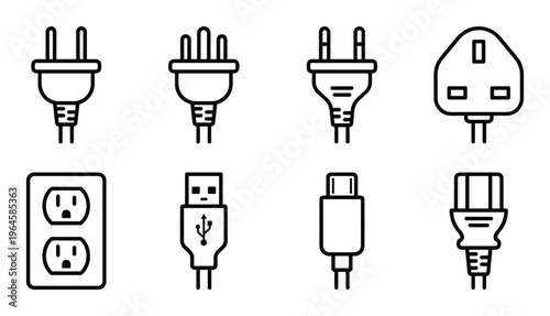 Set of 8 electrical plugs and outlets icons from different countries and standards