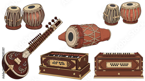 Set of Indian Musical Instruments Vector, Sitar Tabla and Harmonium Illustrations, Traditional South Asian Music
