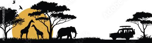 African savannah, wildlife silhouettes, safari landscape, vector icons