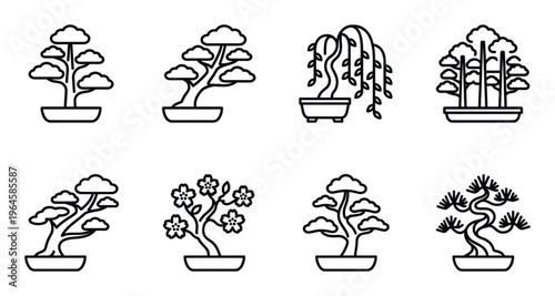 Set of bonsai trees in pots on transparent background, outline style icon collection