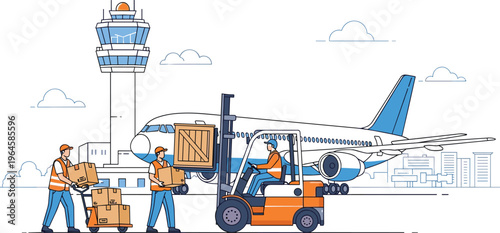 Air cargo logistics vector showing airport workers loading boxes and a forklift operating near a plane and control tower