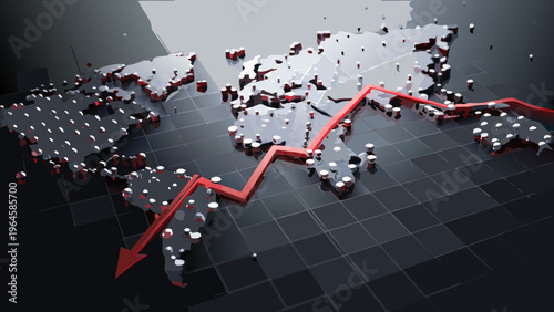 Global economic downturn visualized with a world map and declining red line