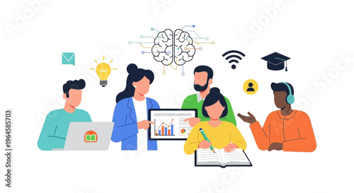 Global E-learning and Team Collaboration Concept. Diverse students and professionals acquiring knowledge through digital training, data analysis, and connected brainstorming sessions.