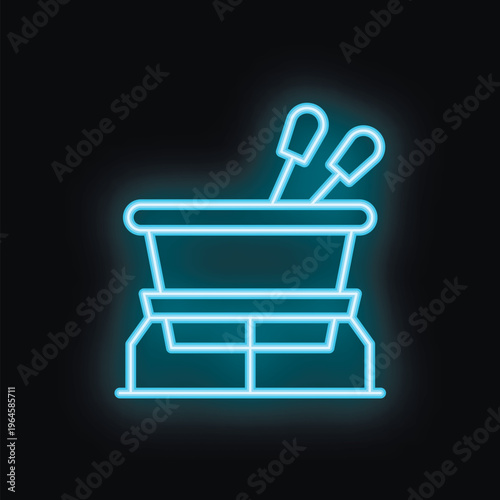 Blue neon sign depicting a fondue set, glowing on a black background