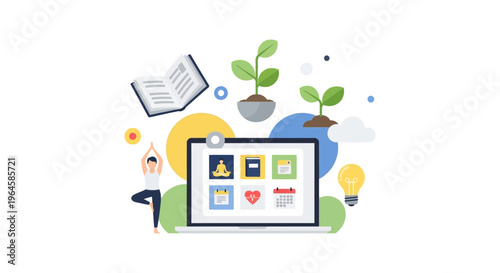 Holistic Self-Improvement Digital Platform Concept. Online Learning, Personal Growth, Health, and Productivity Management System Illustration.
