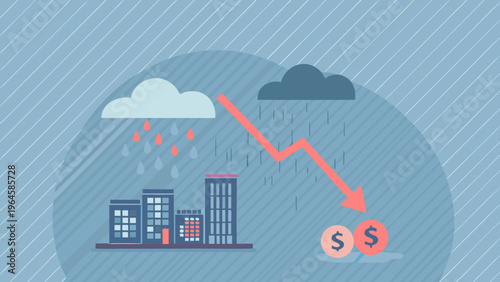 Economic downturn illustrated with rain falling graph and city skyline