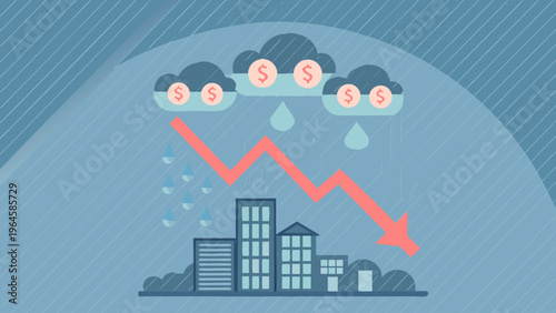 Economic downturn illustrated with rain money and a declining graph