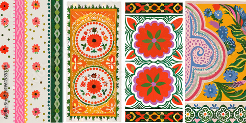A vibrant collage of traditional embroidered textile panels with floral motifs