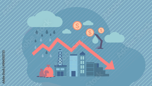 Economic downturn illustrated with falling graph oil rig and money
