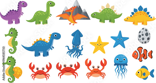 Cute Dinosaur and Sea Animal Cartoon Vector Set with Seahorse, Crab, Jellyfish, Starfish, Fish, Squid, and Prehistoric Characters