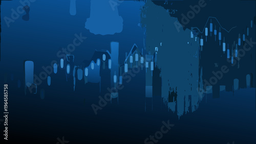 Abstract cityscape with financial chart overlay in shades of blue