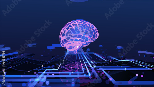 A glowing human brain rendered over a digital cityscape network
