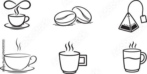Minimal coffee and tea icon collection with clean black outline for modern design