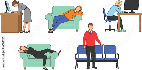 Business People Feeling Exhausted at Work Set with Office Workers Sitting, Sleeping, Leaning on Desk and Waiting Room Fatigue Concept Illustration
