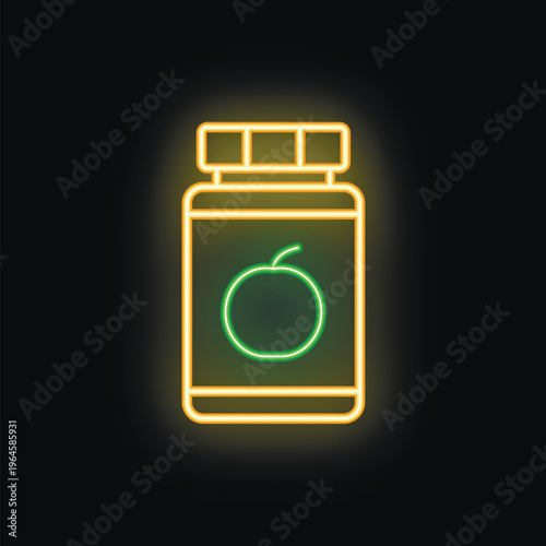 Neon icon of a fruit jam jar glowing on black background, suitable for food or grocery store