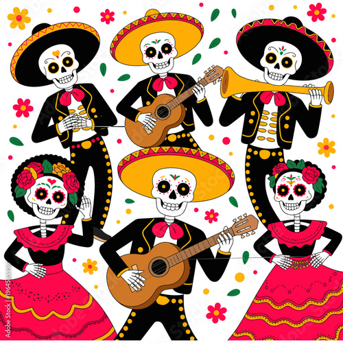A colorful skeleton mariachi band illustration for Dia de los Muertos