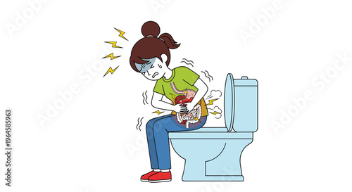 Conceptual vector illustration of a distressed female character experiencing an intestinal breakdown with metaphorical industrial pipes and gears on a white background