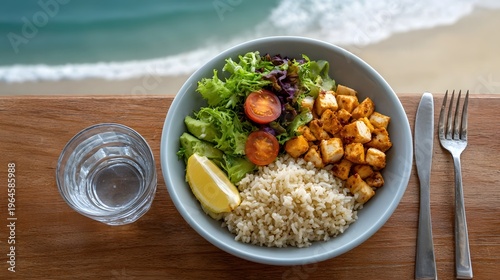 Healthy grain bowl with seasoned tofu and fresh salad served on a wooden table with an ocean beach background