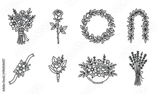 Set of eight floral arrangements, delicate bouquets, wreaths, and single flowers in outline style