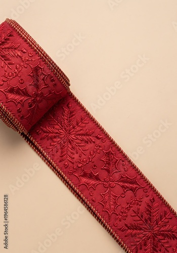 Red Christmas Ribbon with Snowflake Pattern and Gold Trim