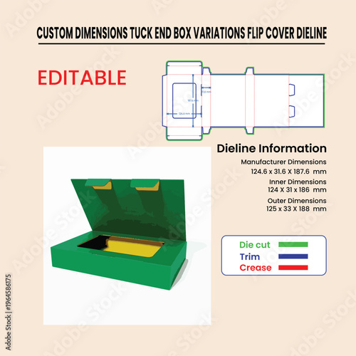Custom Tuck End Box Dieline With Open Box And Dimensions Information packaging template