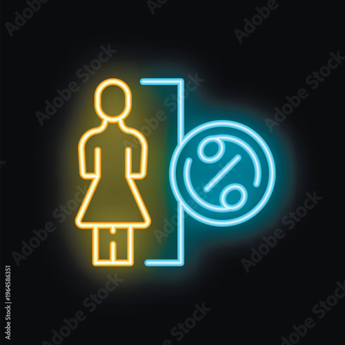 Neon sign representing a woman standing next to the percentage symbol, ideal for topics like gender pay gap