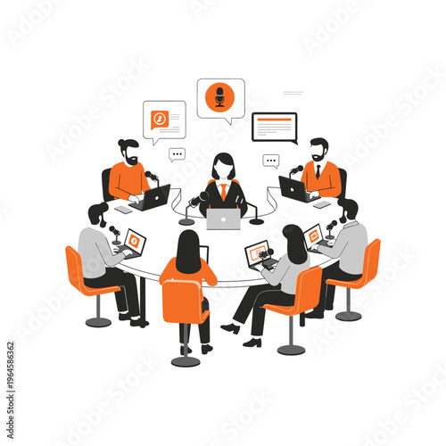 Panel discussion with eight people around a table for a podcast recording.