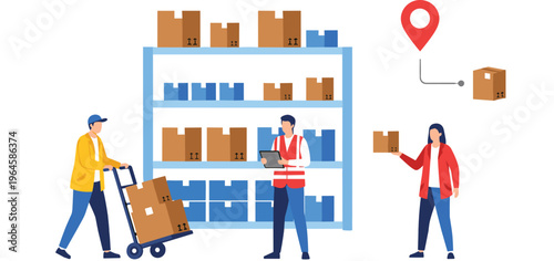Warehouse logistics and fulfillment center vector illustration featuring workers managing inventory packages and tracking shipping delivery orders