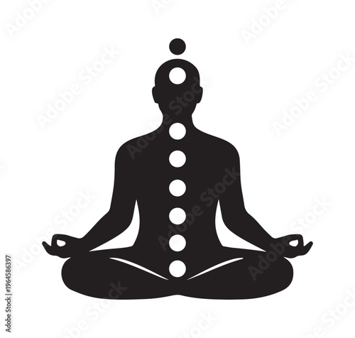 Spiritual chakra meditation silhouette of person in lotus pose with seven energy centers vector on white background
