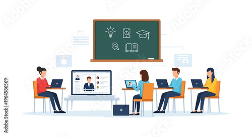 Virtual Classroom for Online Education. Students attend a remote e-learning class via video conference on laptops with a chalkboard background.