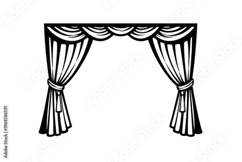 Elegant black and white stage curtains with classic valance and tied-back drapes. Perfect stylized vector for theatre, opera, luxury events, home decor, digital art, and graphic design. Adds timeless
