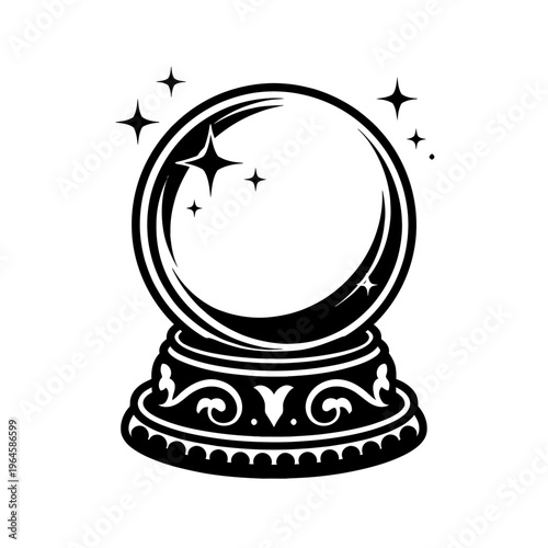 Enchanted Fortune-Telling Crystal Ball with Ornate Stand & Sparkling Stars. Mystical Divination Globe Vector for Spiritual Wisdom, Future Insight, Esoteric Predictions. Black & White Magic Symbol Icon