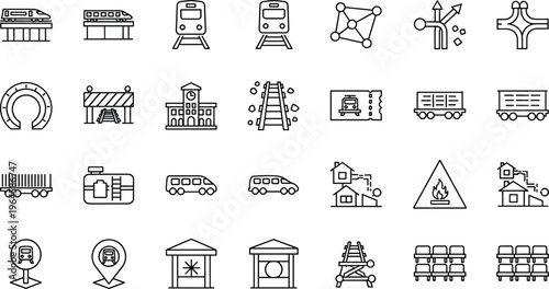 Railway transportation vector icons set featuring high speed train station ticket rail tracks freight wagon and public transit symbols