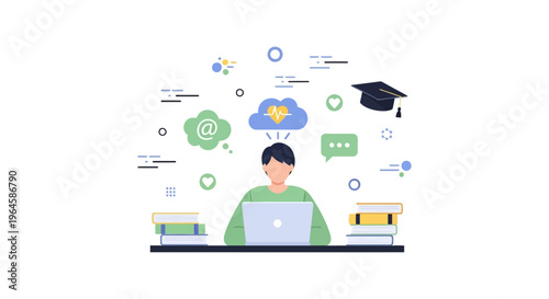 Online Education Concept: Student Studying Remotely with Laptop, Books, and Digital Learning Resources