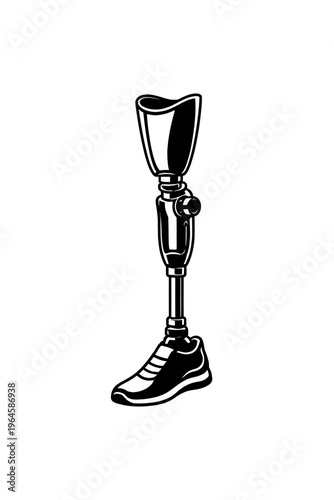 B&W vector of modern prosthetic leg with athletic shoe. Advanced assistive technology for amputees. Boosting mobility, comfort, independence. Optimal orthopedic solution for active lifestyles, sports,